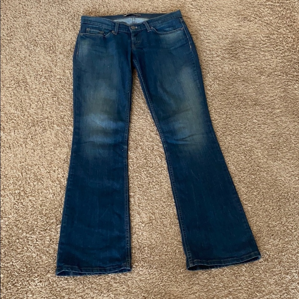 Denim bellbottom jeans.